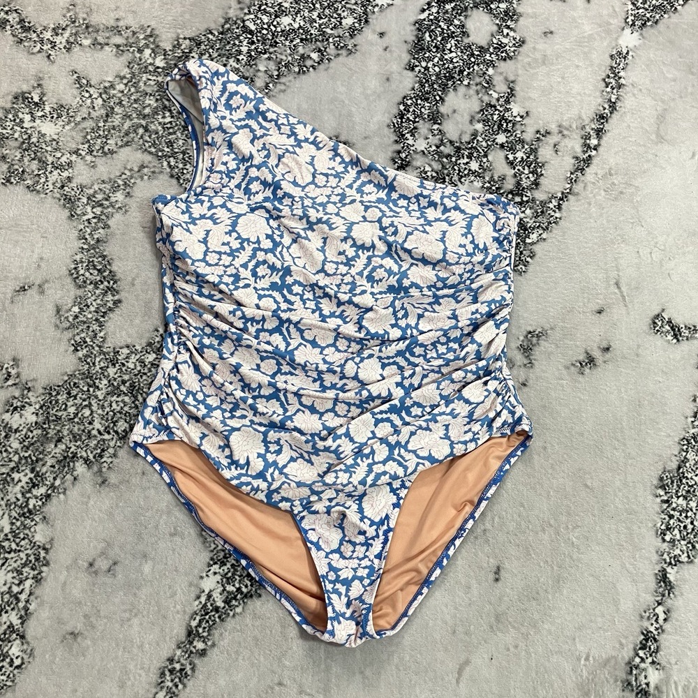 J.Crew One Piece Swimsuit Womens Size 18 One Shoulder Blue Floral Ruched
